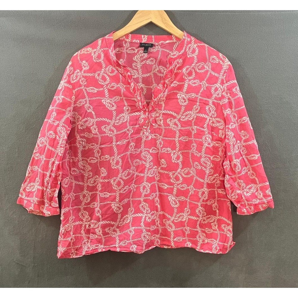 Talbots Womens 100% Cotton Lightweight Rope Print Ruffle Neck Blouse Pink Size L